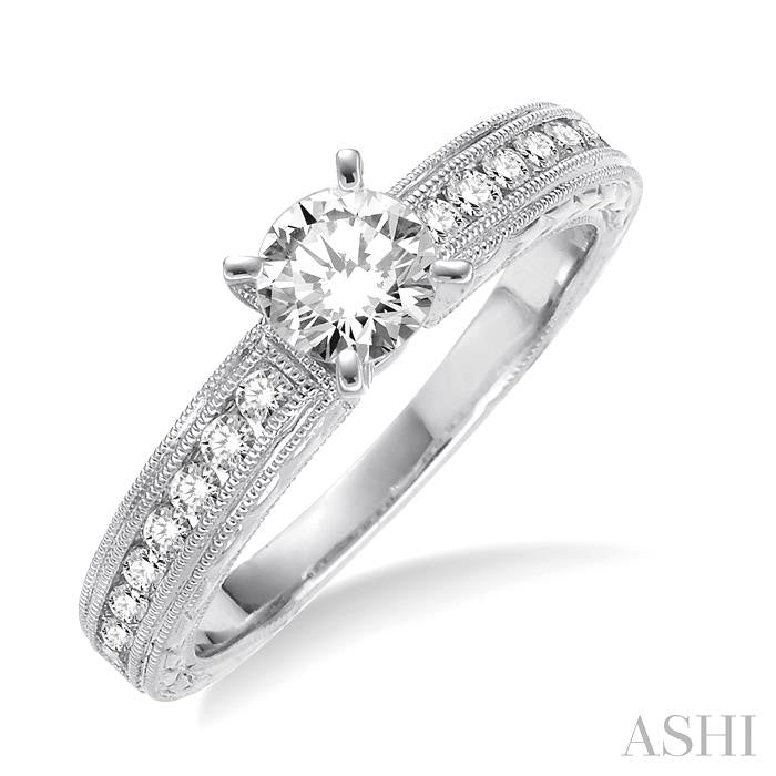 7/8 Ctw Diamond Engagement Ring with 1/2 Ct Round Cut Center Stone in 14K White Gold