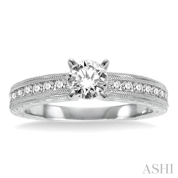 7/8 Ctw Diamond Engagement Ring with 1/2 Ct Round Cut Center Stone in 14K White Gold