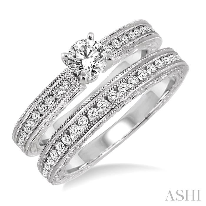 3/4 Ctw Diamond Wedding Set with 1/2 Ctw Round Cut Engagement Ring and 1/4 Ctw Wedding Band in 14K White Gold