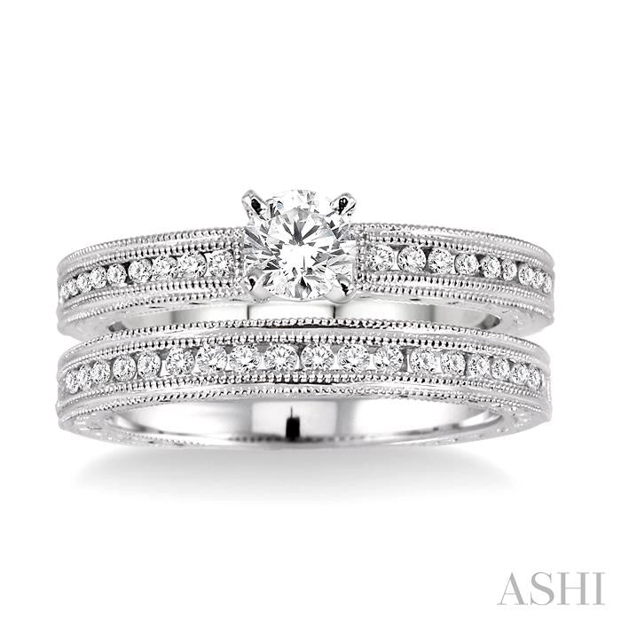 3/4 Ctw Diamond Wedding Set with 1/2 Ctw Round Cut Engagement Ring and 1/4 Ctw Wedding Band in 14K White Gold