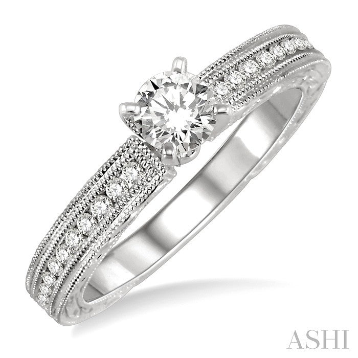 1/2 Ctw Diamond Engagement Ring with 1/3 Ct Round Cut Center Stone in 14K White Gold