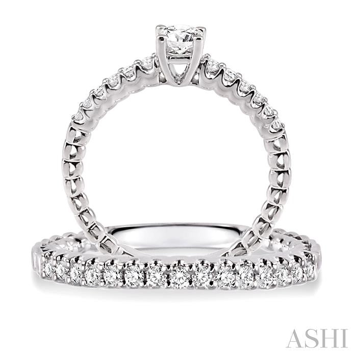 3/4 Ctw Diamond Wedding Set with 1/2 Ctw Round Cut Engagement Ring and 1/4 Ctw Wedding Band in 14K White Gold
