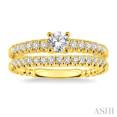 3/4 Ctw Diamond Wedding Set with 1/2 Ctw Round Cut Engagement Ring and 1/4 Ctw Wedding Band in 14K Yellow Gold