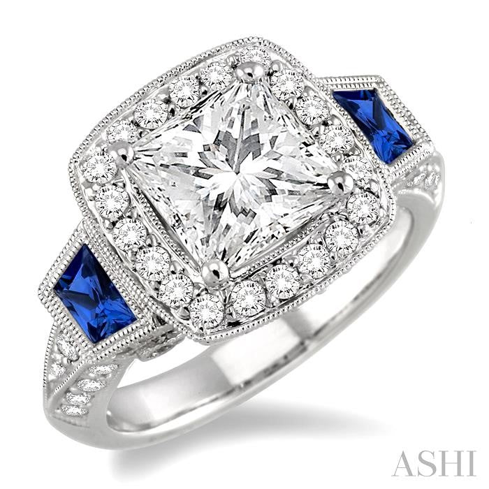5x3 MM Trapezoid Shape Sapphire and 1 Ctw Diamond Semi-Mount Engagement Ring in 14K White Gold