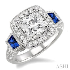 5x3 MM Trapezoid Shape Sapphire and 1 Ctw Diamond Semi-Mount Engagement Ring in 14K White Gold