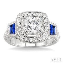 5x3 MM Trapezoid Shape Sapphire and 1 Ctw Diamond Semi-Mount Engagement Ring in 14K White Gold