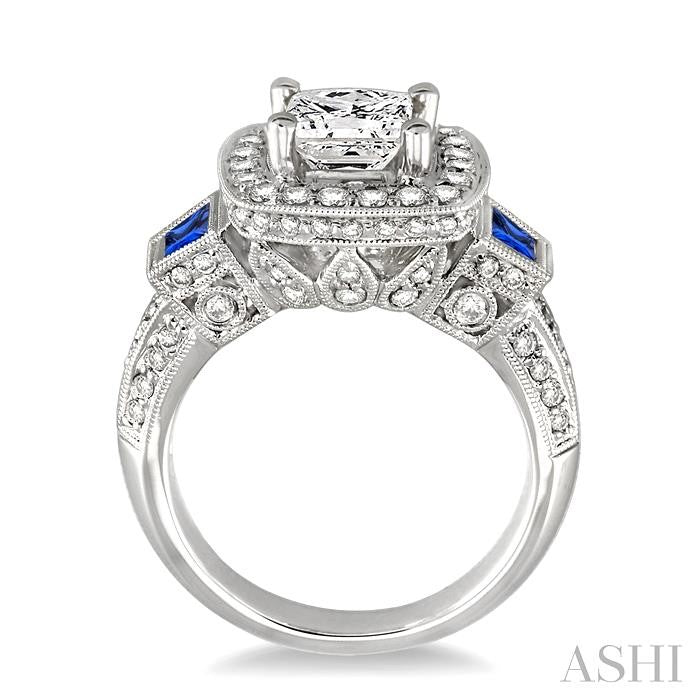 5x3 MM Trapezoid Shape Sapphire and 1 Ctw Diamond Semi-Mount Engagement Ring in 14K White Gold