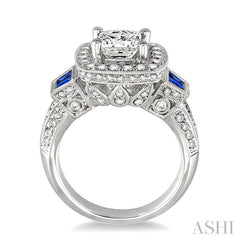 5x3 MM Trapezoid Shape Sapphire and 1 Ctw Diamond Semi-Mount Engagement Ring in 14K White Gold