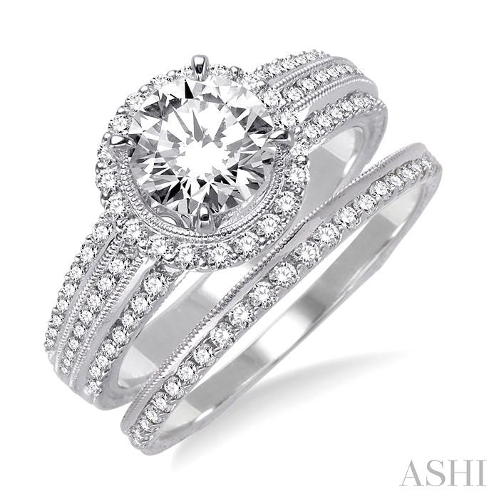 1 1/3 Ctw Diamond Wedding Set with 1 1/5 Ctw Round Cut Engagement Ring and 1/6 Ctw Wedding Band in 14K White Gold
