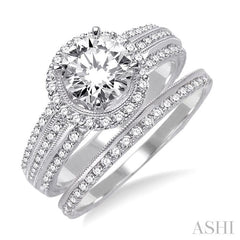 1 1/3 Ctw Diamond Wedding Set with 1 1/5 Ctw Round Cut Engagement Ring and 1/6 Ctw Wedding Band in 14K White Gold