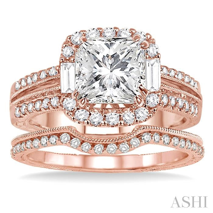1 1/10 Ctw Diamond Wedding Set with 1 Ctw Princess Cut Engagement Ring and 1/8 Ctw Wedding Band in 14K Rose Gold
