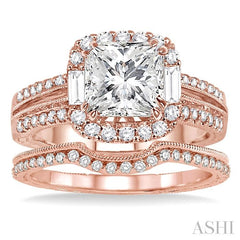 1 1/10 Ctw Diamond Wedding Set with 1 Ctw Princess Cut Engagement Ring and 1/8 Ctw Wedding Band in 14K Rose Gold
