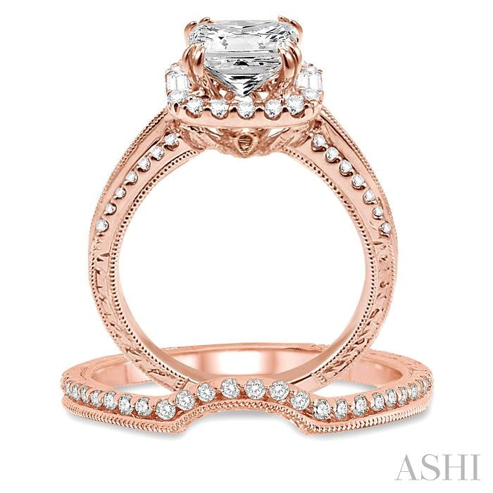 1 1/10 Ctw Diamond Wedding Set with 1 Ctw Princess Cut Engagement Ring and 1/8 Ctw Wedding Band in 14K Rose Gold