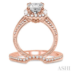 1 1/10 Ctw Diamond Wedding Set with 1 Ctw Princess Cut Engagement Ring and 1/8 Ctw Wedding Band in 14K Rose Gold