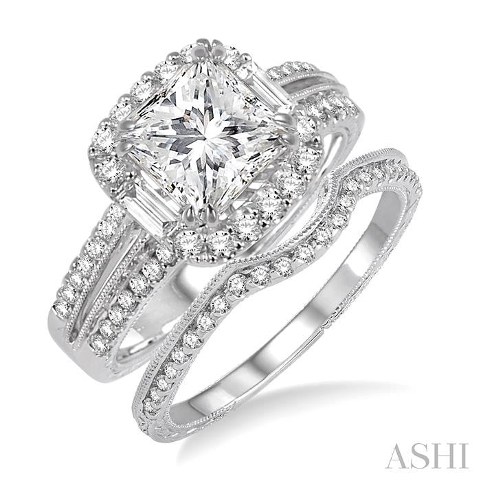 1 1/10 Ctw Diamond Wedding Set with 1 Ctw Princess Cut Engagement Ring and 1/8 Ctw Wedding Band in 14K White Gold