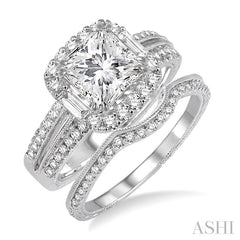 1 1/10 Ctw Diamond Wedding Set with 1 Ctw Princess Cut Engagement Ring and 1/8 Ctw Wedding Band in 14K White Gold