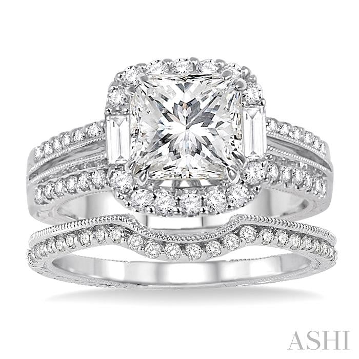 1 1/10 Ctw Diamond Wedding Set with 1 Ctw Princess Cut Engagement Ring and 1/8 Ctw Wedding Band in 14K White Gold