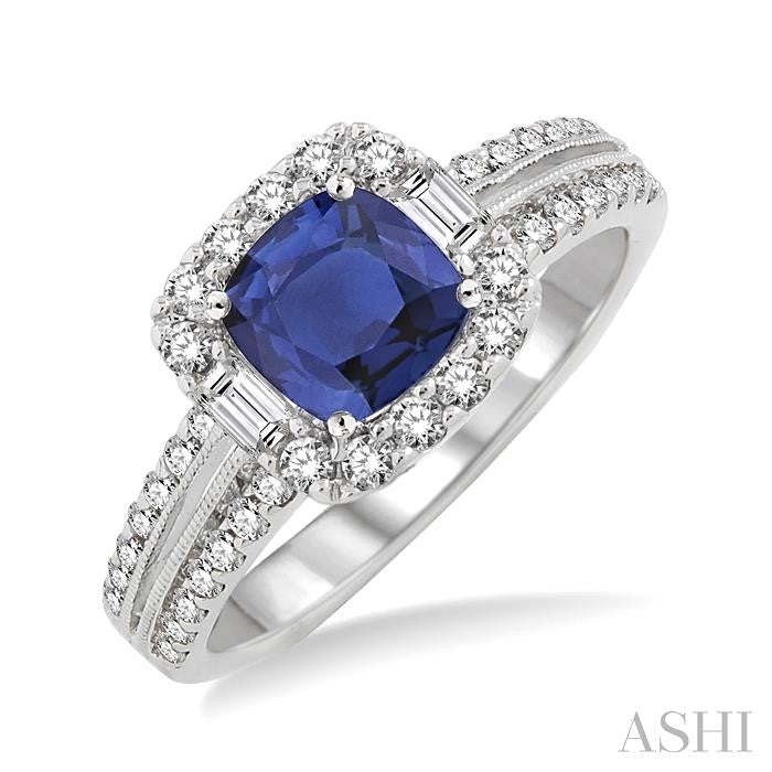 6x6 MM Cushion Cut Sapphire and 5/8 Ctw Round Cut Diamond Precious Ring in 14K White Gold