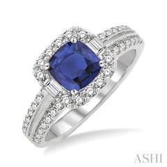 6x6 MM Cushion Cut Sapphire and 5/8 Ctw Round Cut Diamond Precious Ring in 14K White Gold