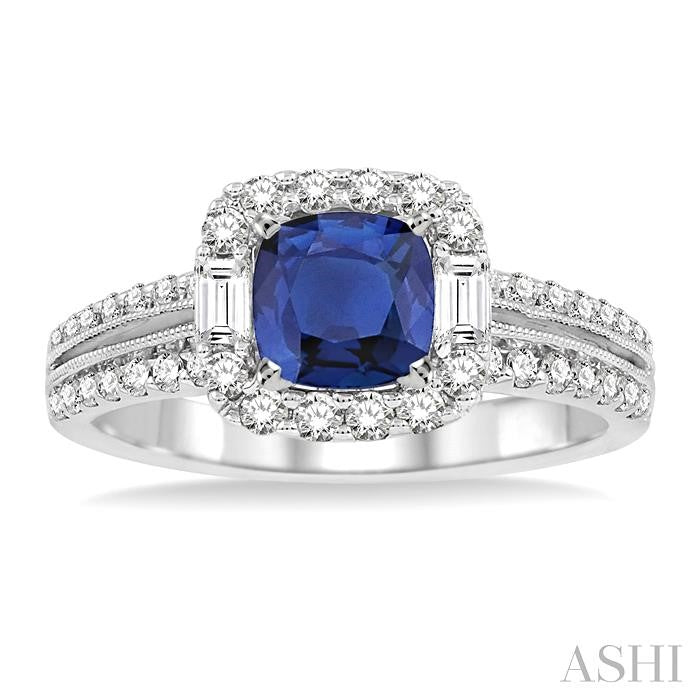 6x6 MM Cushion Cut Sapphire and 5/8 Ctw Round Cut Diamond Precious Ring in 14K White Gold