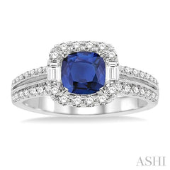6x6 MM Cushion Cut Sapphire and 5/8 Ctw Round Cut Diamond Precious Ring in 14K White Gold