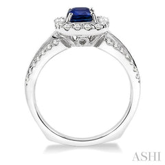 6x6 MM Cushion Cut Sapphire and 5/8 Ctw Round Cut Diamond Precious Ring in 14K White Gold