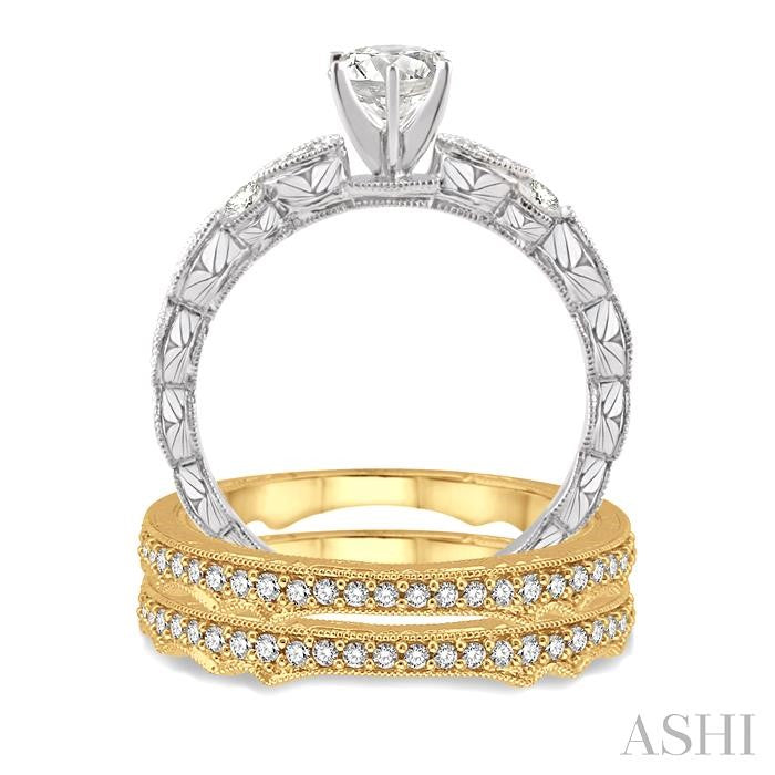 5/8 Ctw Diamond Wedding Set with 1/2 Ctw Round Cut Engagement Ring and Two 1/5 Ctw Wedding Band in 14K White and Yellow Gold