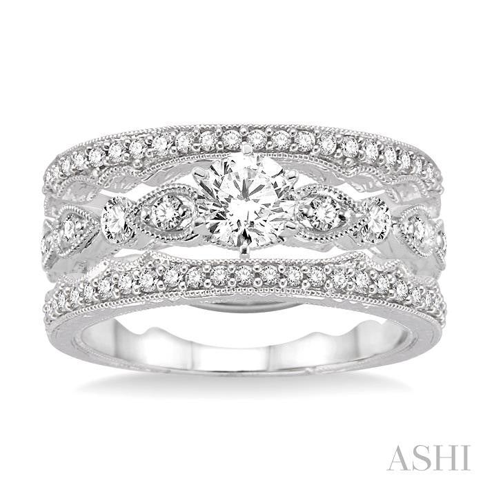 5/8 Ctw Diamond Wedding Set with 1/2 Ctw Round Cut Engagement Ring and Two 1/5 Ctw Wedding Band in 14K White Gold