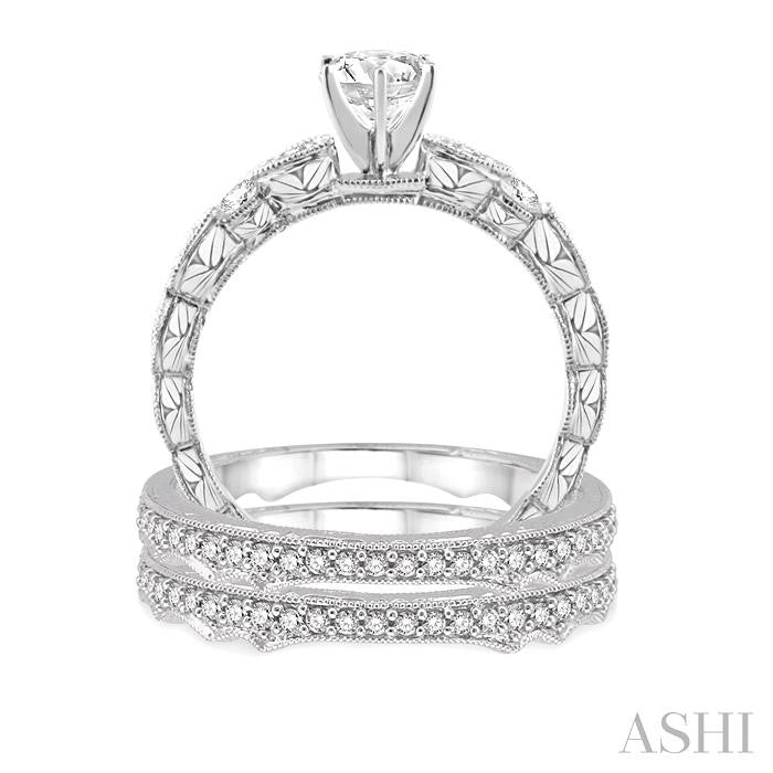 5/8 Ctw Diamond Wedding Set with 1/2 Ctw Round Cut Engagement Ring and Two 1/5 Ctw Wedding Band in 14K White Gold