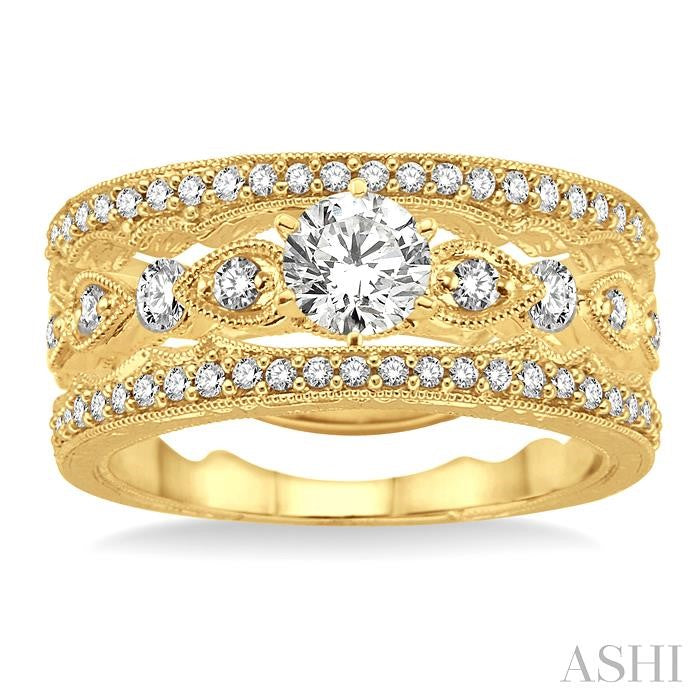 5/8 Ctw Diamond Wedding Set with 1/2 Ctw Round Cut Engagement Ring and two 1/5 Ctw Wedding Band in 14K Yellow Gold