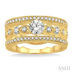 5/8 Ctw Diamond Wedding Set with 1/2 Ctw Round Cut Engagement Ring and two 1/5 Ctw Wedding Band in 14K Yellow Gold
