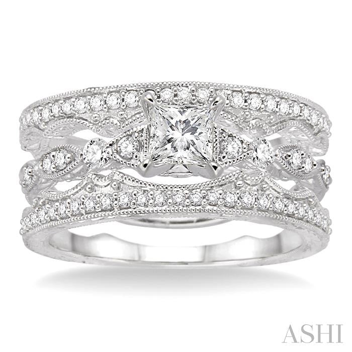 5/8 Ctw Diamond Wedding Set with 3/8 Ctw Princess Cut Engagement Ring and two 1/5 Ctw Wedding Band in 14K White Gold