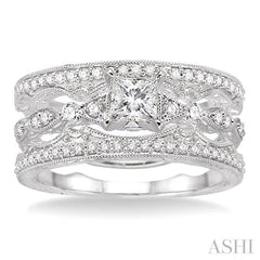 5/8 Ctw Diamond Wedding Set with 3/8 Ctw Princess Cut Engagement Ring and two 1/5 Ctw Wedding Band in 14K White Gold
