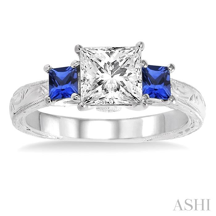 3.3 MM Princess Cut Sapphire and 1/50 ctw Diamond Semi-Mount Engagement Ring in 14K White Gold
