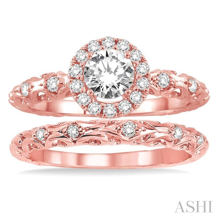 3/8 Ctw Diamond Wedding Set with 1/3 Ctw Round Cut Engagement Ring and 1/20 Ctw Wedding Band in 14K Rose Gold