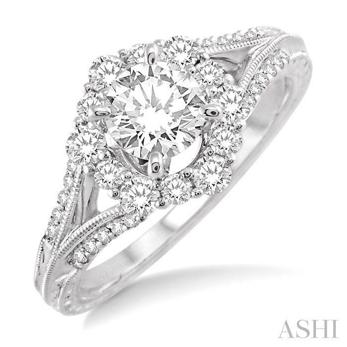 1 Ctw Diamond Engagement Ring with 5/8 Ct Round Cut Center Stone in 14K White Gold