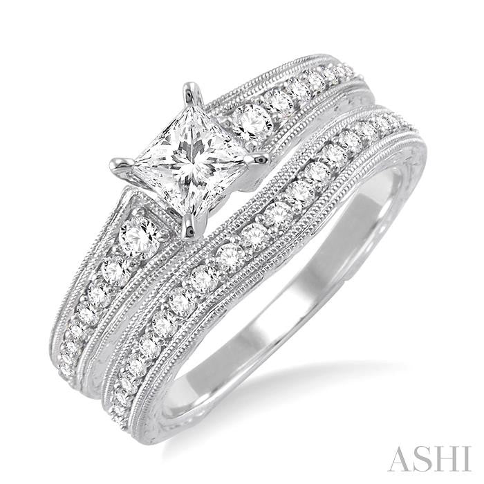7/8 Ctw Diamond Wedding Set with 5/8 Ctw Princess Cut Engagement Ring and 1/5 Ctw Wedding Band in 14K White Gold