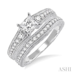7/8 Ctw Diamond Wedding Set with 5/8 Ctw Princess Cut Engagement Ring and 1/5 Ctw Wedding Band in 14K White Gold