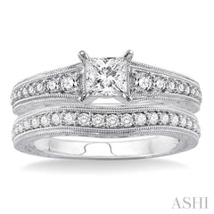7/8 Ctw Diamond Wedding Set with 5/8 Ctw Princess Cut Engagement Ring and 1/5 Ctw Wedding Band in 14K White Gold