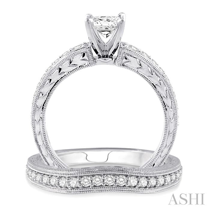 7/8 Ctw Diamond Wedding Set with 5/8 Ctw Princess Cut Engagement Ring and 1/5 Ctw Wedding Band in 14K White Gold