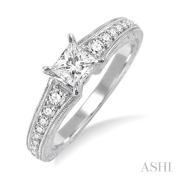 5/8 Ctw Diamond Engagement Ring with 3/8 Ct Princess Cut Center Stone in 14K White Gold