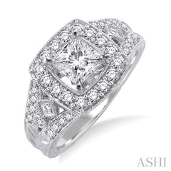 1 1/10 Ctw Diamond Engagement Ring with 1/2 Ct Princess Cut Center Stone in 14K White Gold