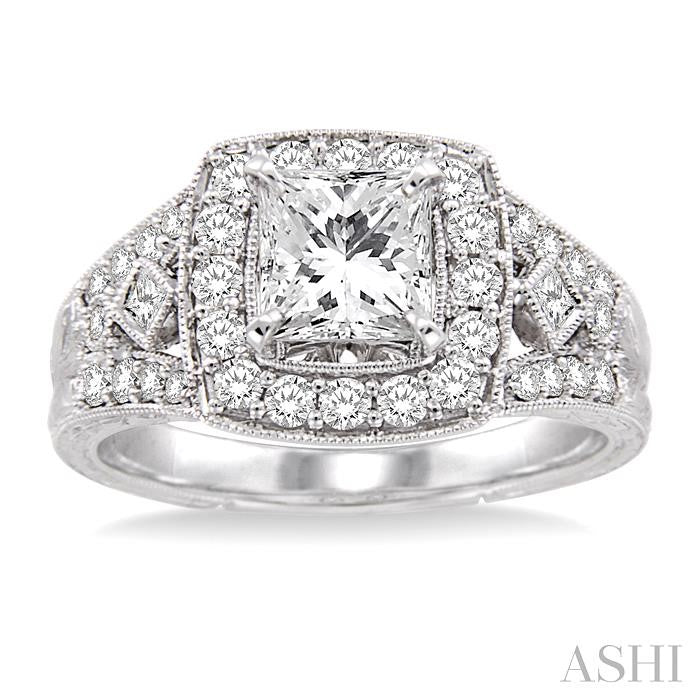 1 1/10 Ctw Diamond Engagement Ring with 1/2 Ct Princess Cut Center Stone in 14K White Gold