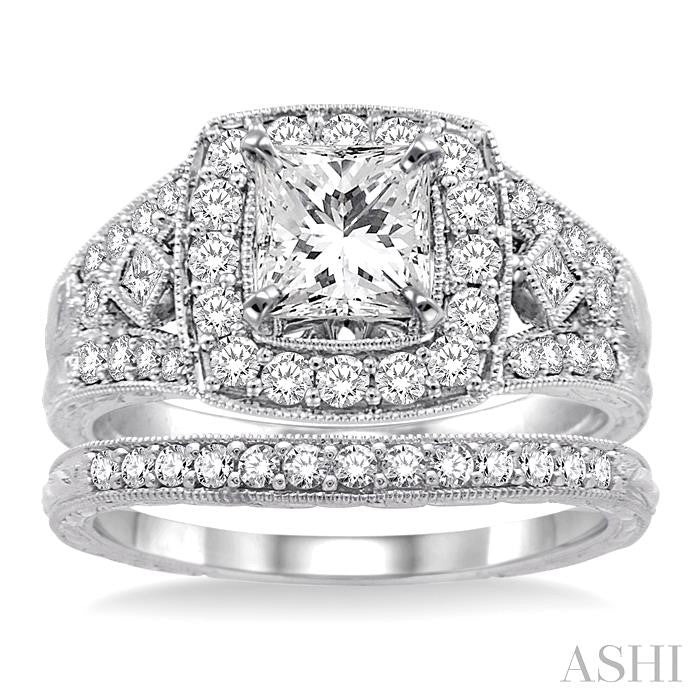 1 1/5 Ctw Diamond Wedding Set with 1 Ctw Princess Cut Engagement Ring and 1/6 Ctw Wedding Band in 14K White Gold