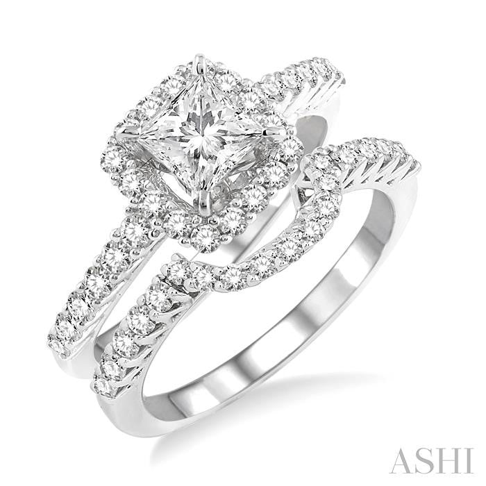 1 5/8 Ctw Diamond Wedding Set with 1 1/4 Ctw Princess Cut Engagement Ring and 1/3 Ctw Wedding Band in 14K White Gold