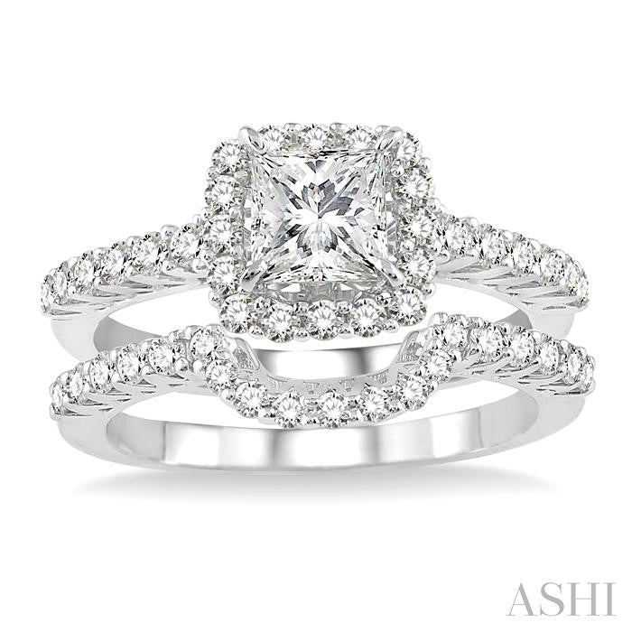1 5/8 Ctw Diamond Wedding Set with 1 1/4 Ctw Princess Cut Engagement Ring and 1/3 Ctw Wedding Band in 14K White Gold
