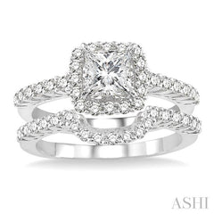 1 5/8 Ctw Diamond Wedding Set with 1 1/4 Ctw Princess Cut Engagement Ring and 1/3 Ctw Wedding Band in 14K White Gold