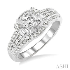 1 1/2 Ctw Diamond Engagement Ring with 3/4 Ct Princess Cut Center Stone in 14K White Gold