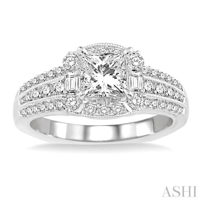 1 1/2 Ctw Diamond Engagement Ring with 3/4 Ct Princess Cut Center Stone in 14K White Gold