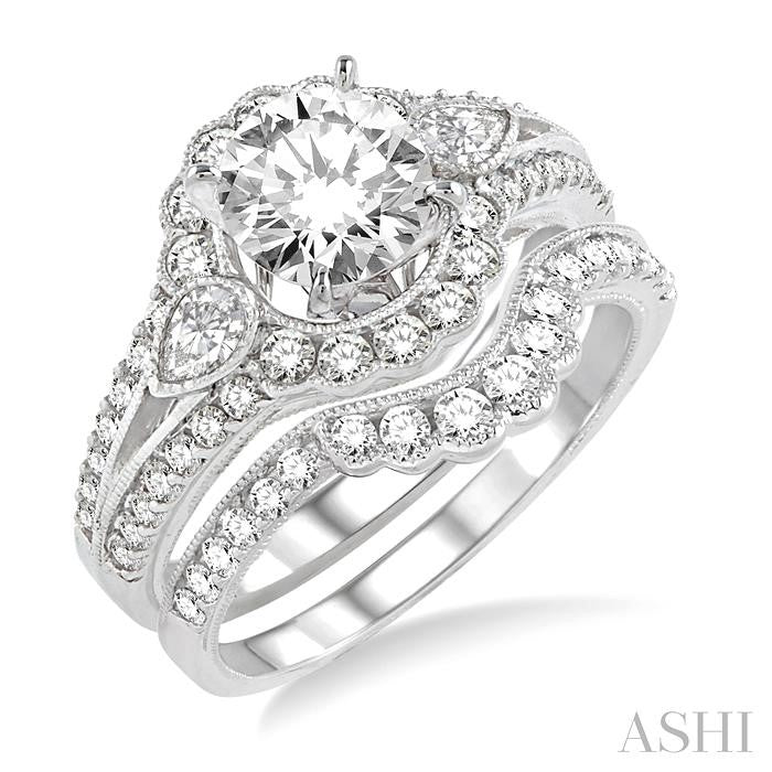 1 3/4 Ctw Diamond Wedding Set with 1 1/2 Ctw Round Cut Engagement Ring and 1/5 Ctw Wedding Band in 14K White Gold